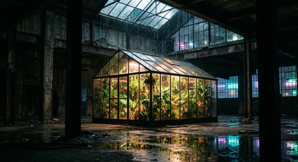 Nano Banana 2: A glass greenhouse full of glowing tropical plants inside an abandoned concrete warehouse at night, rain streaming down the skylights, neon light reflecting on the wet floor, shot on 35mm film. No people.