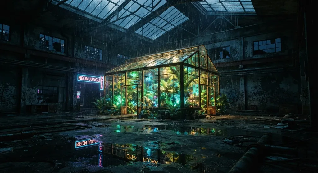 Nano Banana 2 Lite: A glass greenhouse full of glowing tropical plants inside an abandoned concrete warehouse at night, rain streaming down the skylights, neon light reflecting on the wet floor, shot on 35mm film. No people.