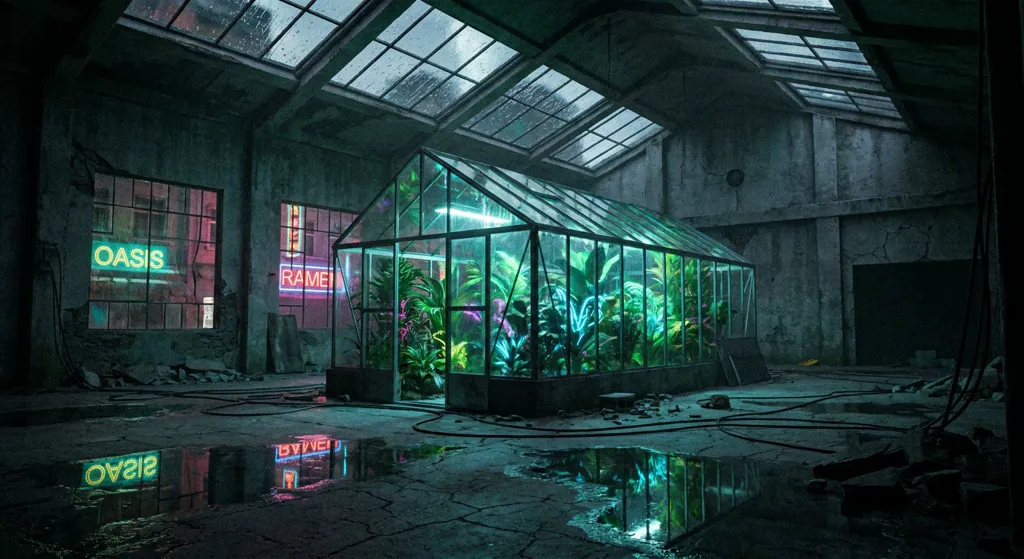 Nano Banana Pro: A glass greenhouse full of glowing tropical plants inside an abandoned concrete warehouse at night, rain streaming down the skylights, neon light reflecting on the wet floor, shot on 35mm film. No people.