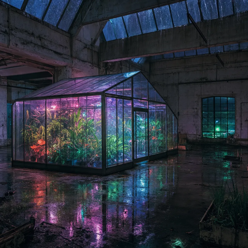 GPT-5.4 Image 2: A glass greenhouse full of glowing tropical plants inside an abandoned concrete warehouse at night, rain streaming down the skylights, neon light reflecting on the wet floor, shot on 35mm film. No people.