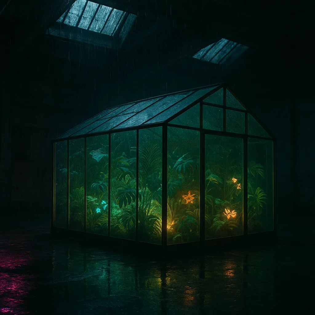 GPT-5 Image Mini: A glass greenhouse full of glowing tropical plants inside an abandoned concrete warehouse at night, rain streaming down the skylights, neon light reflecting on the wet floor, shot on 35mm film. No people.