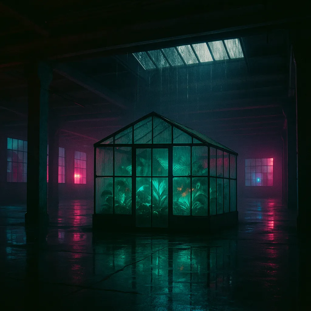 GPT-5 Image: A glass greenhouse full of glowing tropical plants inside an abandoned concrete warehouse at night, rain streaming down the skylights, neon light reflecting on the wet floor, shot on 35mm film. No people.